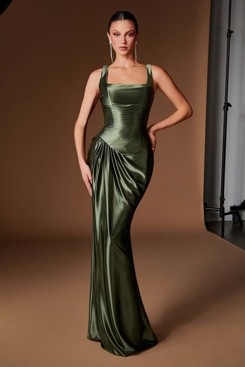 Ladivine CH2604 satin fitted sleeveless gown — front view