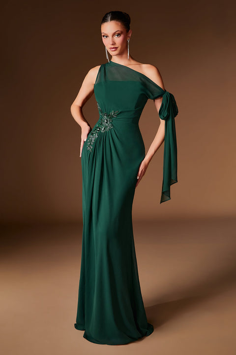 Ladivine CH2612 chiffon fitted one shoulder gown — front view