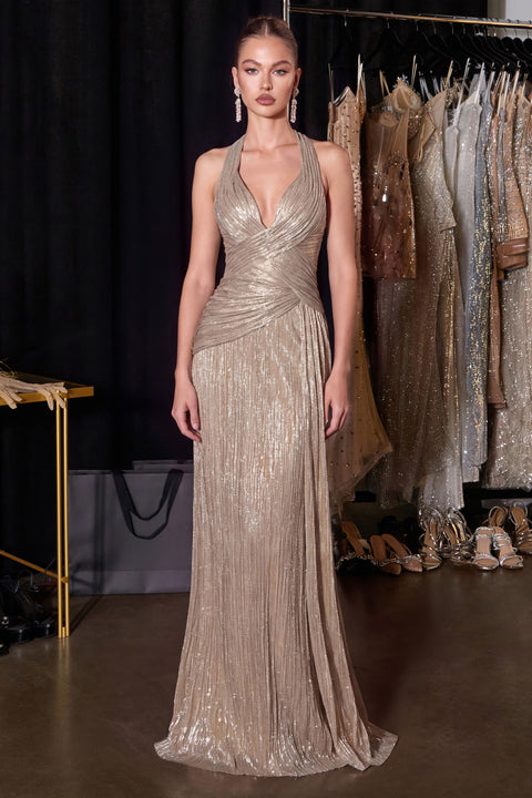 Ladivine CH2625 metallic fitted halter gown — product view