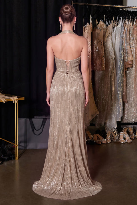 Ladivine CH2625 metallic fitted halter gown — back view