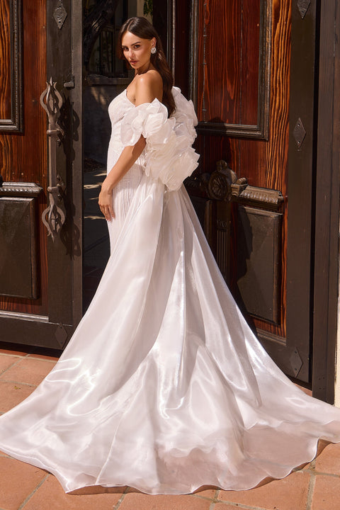 Ladivine CJ933W white strapless puff sleeve gown — back view