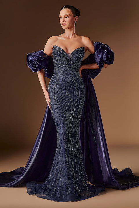 Ladivine CJ933 strapless puff sleeve overskirt gown — product view