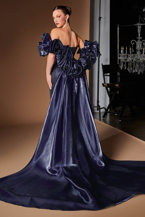 Ladivine CJ933 strapless puff sleeve overskirt gown — back view