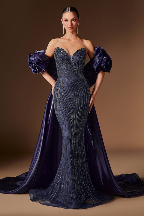 Ladivine CJ933 strapless puff sleeve overskirt gown — front view
