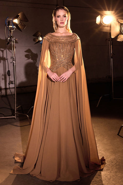 Ladivine CL08 Chiffon Cape-Sleeve A-Line Gown with Graceful Flow
