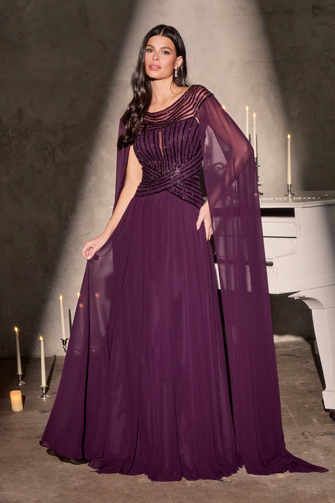 Ladivine CL08 Chiffon Cape-Sleeve A-Line Gown with Graceful Flow