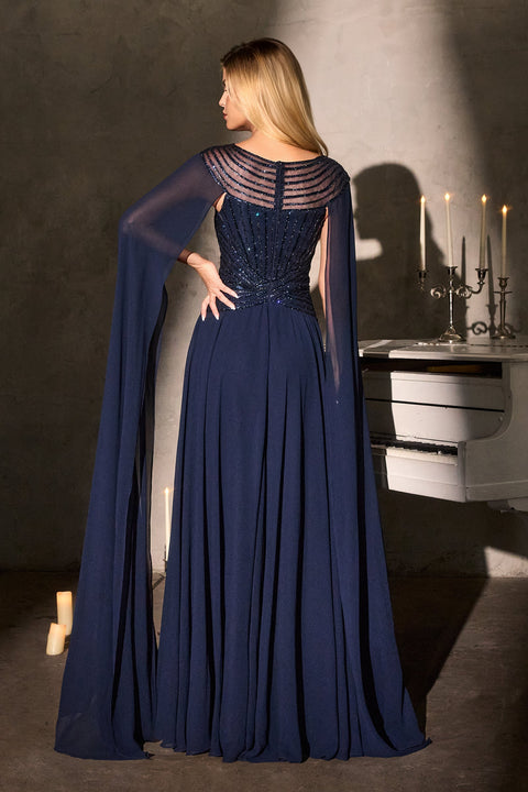 Ladivine CL08 Chiffon Cape-Sleeve A-Line Gown with Graceful Flow