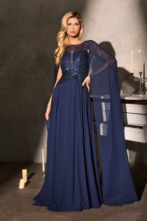 Ladivine CL08 Chiffon Cape-Sleeve A-Line Gown with Graceful Flow