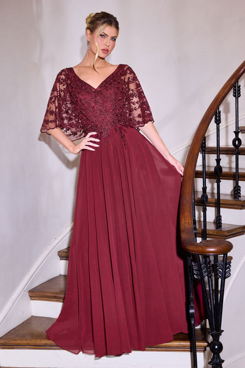 Ladivine CL10 applique chiffon capelet a-line gown — product view