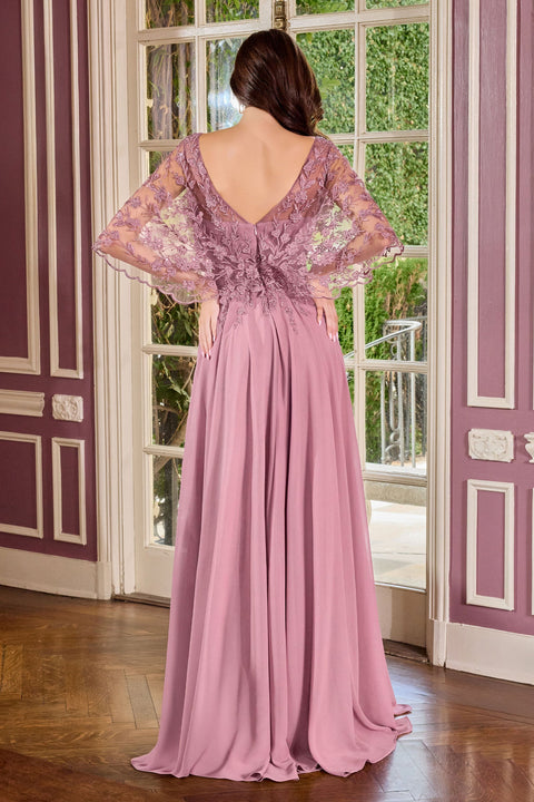 Ladivine CL10 applique chiffon capelet a-line gown — back view