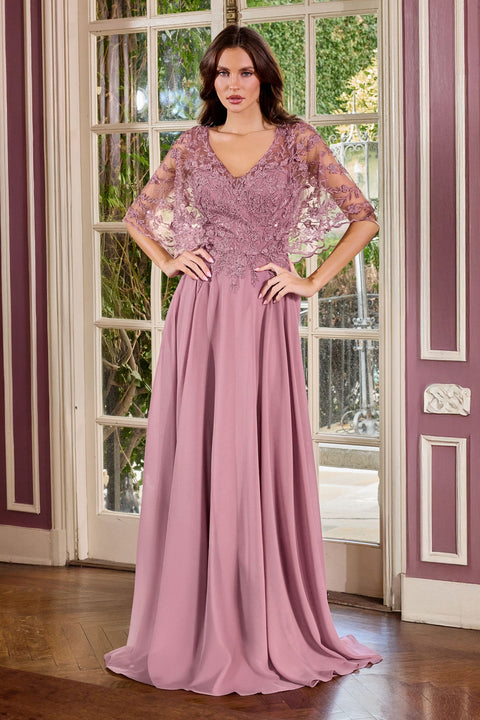 Ladivine CL10 applique chiffon capelet a-line gown — front view