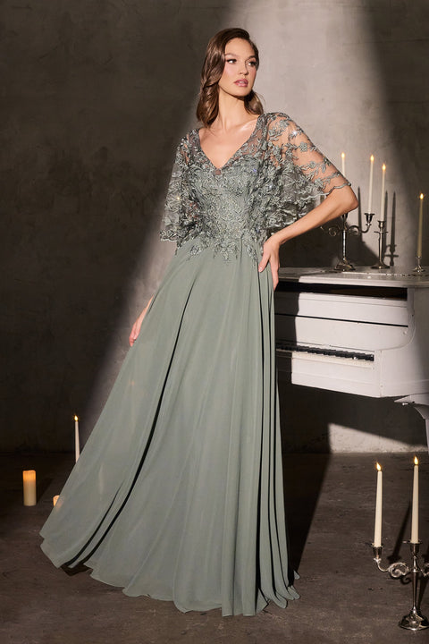 Ladivine CL10 applique chiffon capelet a-line gown — front view