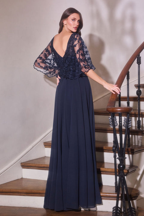 Ladivine CL10 applique chiffon capelet a-line gown — back view