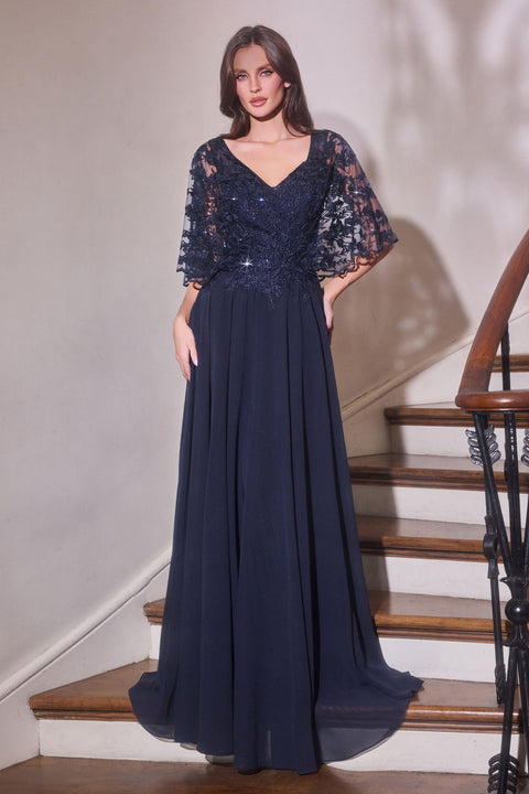 Ladivine CL10 applique chiffon capelet a-line gown — front view