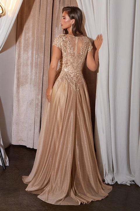 Ladivine CL11 beaded short sleeve a-line gown — back view