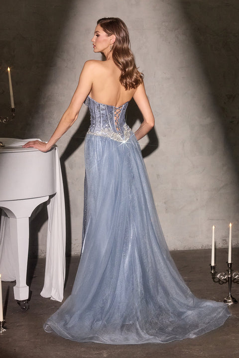 Ladivine CM392 beaded strapless overskirt gown — back view