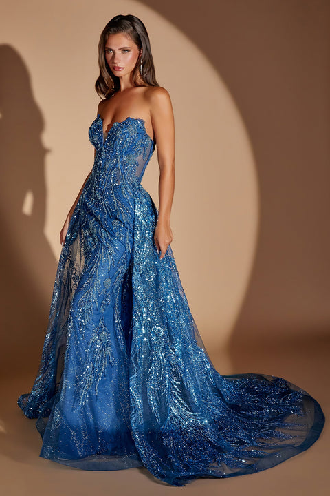 Ladivine CM393 beaded strapless overskirt gown — product view