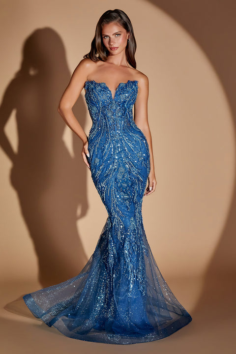 Ladivine CM393 beaded strapless overskirt gown — product view