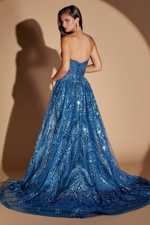 Ladivine CM393 beaded strapless overskirt gown — back view