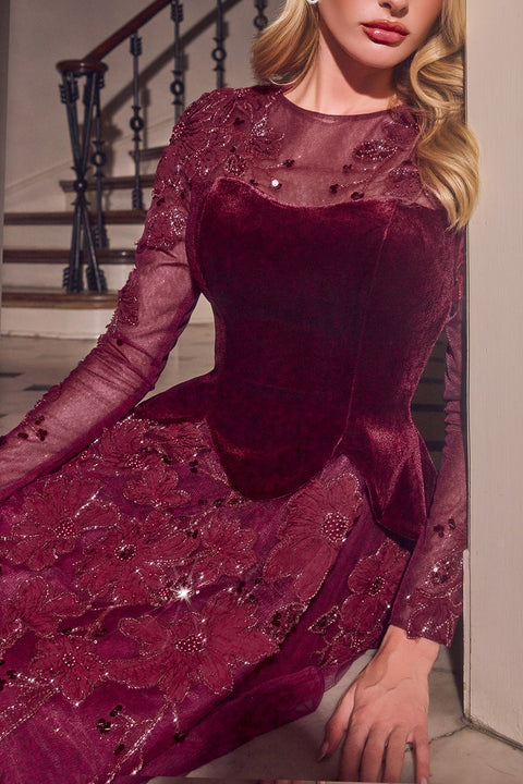 Ladivine CM394 velvet tulle long sleeve a-line gown — product view
