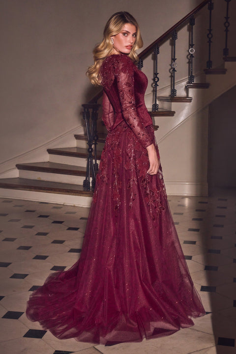 Ladivine CM394 velvet tulle long sleeve a-line gown — back view
