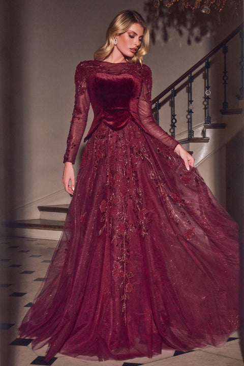 Ladivine CM394 velvet tulle long sleeve a-line gown — front view