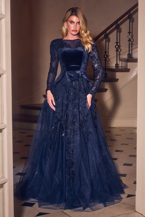 Ladivine CM394 velvet tulle long sleeve a-line gown — front view