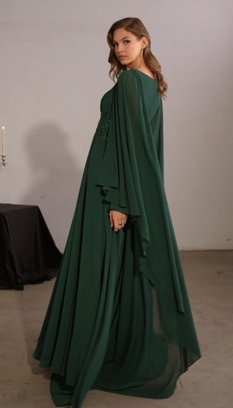 Ladivine CM8244 Chiffon Cape-Sleeve A-Line Gown with Graceful Flow