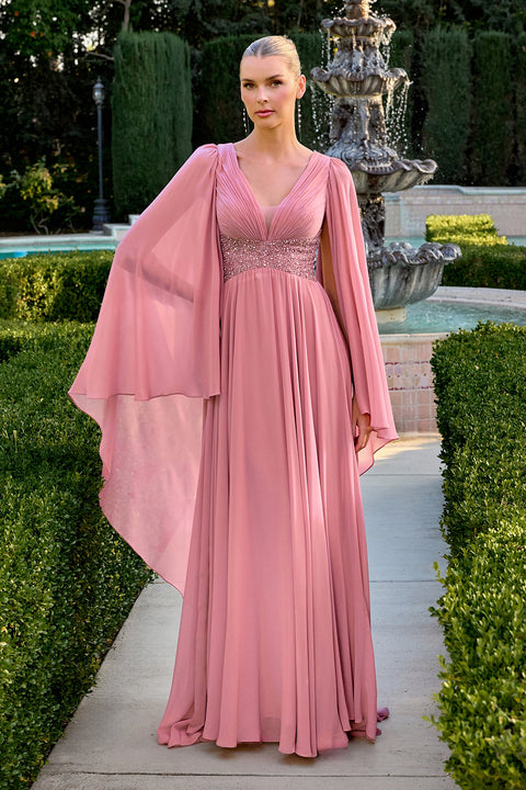 Ladivine CM8244 Chiffon Cape-Sleeve A-Line Gown with Graceful Flow