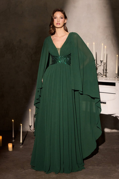 Ladivine CM8244 Chiffon Cape-Sleeve A-Line Gown with Graceful Flow