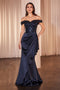 Ladivine CR877 Beaded Satin Fitted Off-Shoulder Gown