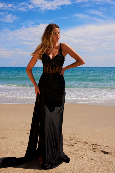 Nox Anabel E1711 Glamorous Appliqué Satin Corset Gown with Slit