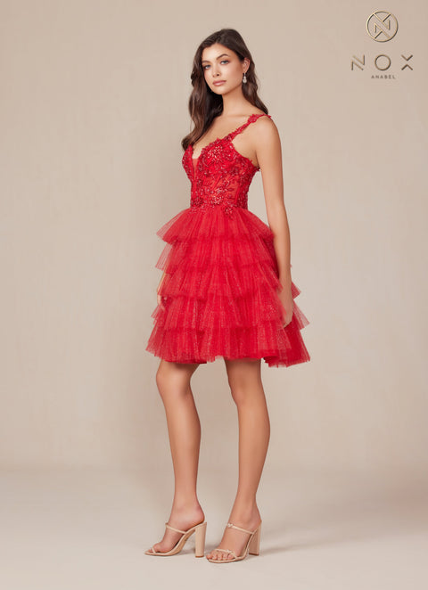 Sleeveless Short Tiered Dress with Appliqué Details by Nox Anabel E904