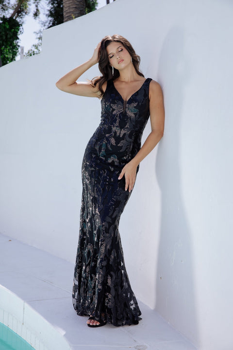 Eureka EK101 sequin print fitted v-neck gown — BLACK1
