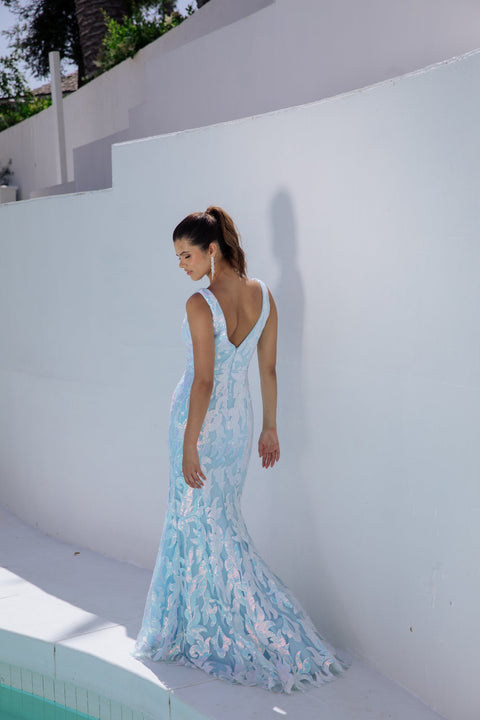 Eureka EK101 sequin print fitted v-neck gown — ICEBLUE3