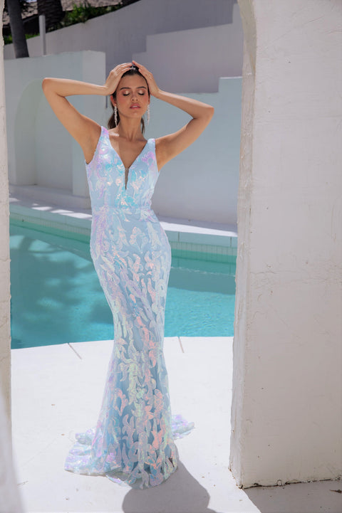 Eureka EK101 sequin print fitted v-neck gown — ICEBLUE c13a2e82 c12c 4827 a23d e2c021378cbe