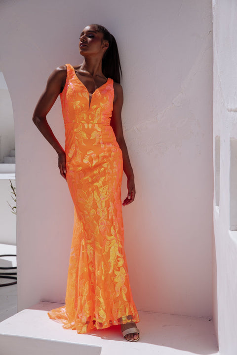 Eureka EK101 sequin print fitted v-neck gown — ORANGE