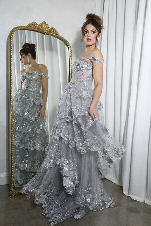 Eureka EK102 off shoulder a-line tiered gown — SILVER