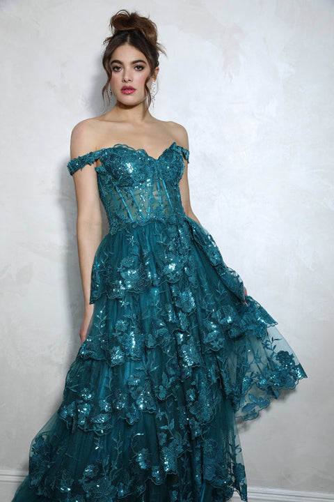 Eureka EK102 off shoulder a-line tiered gown — TEAL