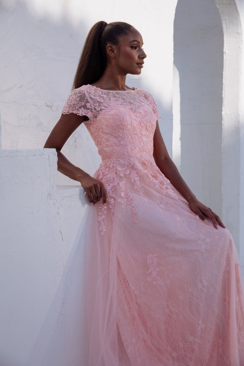 Eureka EK104 lace tulle short sleeve a-line gown — BLUSH3