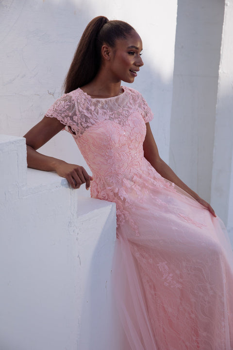 Eureka EK104 lace tulle short sleeve a-line gown — PINK2