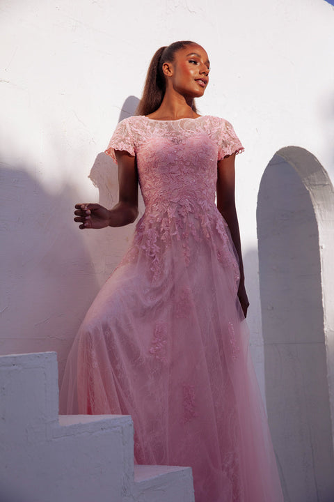 Eureka EK104 lace tulle short sleeve a-line gown — PINK