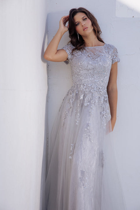 Eureka EK104 lace tulle short sleeve a-line gown — SILVER