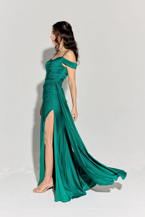 Eureka EK107 glitter satin cold shoulder slit gown — EMERALD2