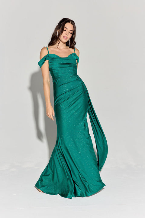 Eureka EK107 glitter satin cold shoulder slit gown — EMERALD