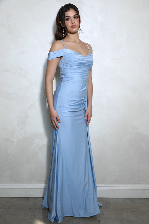 Eureka EK107 glitter satin cold shoulder slit gown — MINERALBLUE