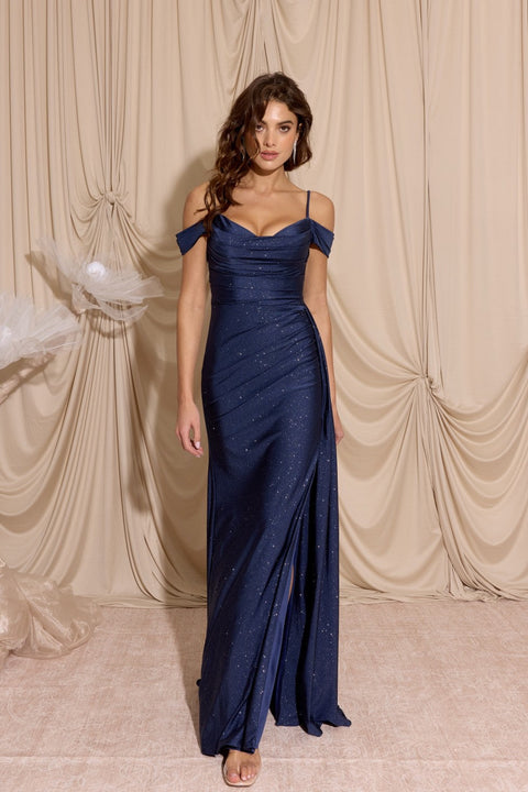 Eureka EK107 glitter satin cold shoulder slit gown — NAVY 067b5a6c 1fbe 41d8 8736 38af056d7461