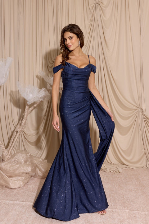 Eureka EK107 glitter satin cold shoulder slit gown — NAVY 1