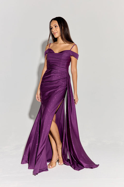 Eureka EK107 glitter satin cold shoulder slit gown — PLUM