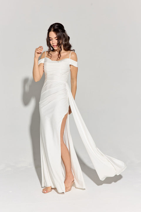 Eureka EK107 glitter satin cold shoulder slit gown — WHITE